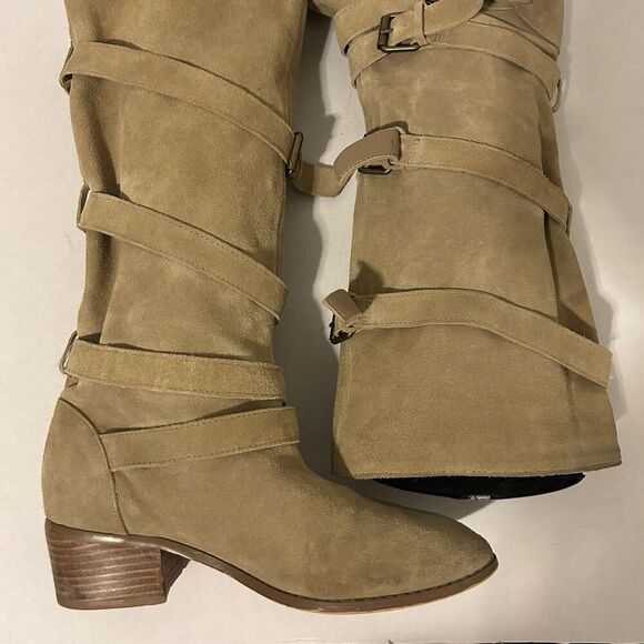 Twiggy London Women's Riding Boots Sz 7.5 Tan Suede Cowgirl Stacked Heel Strappy - Picture 10 of 16